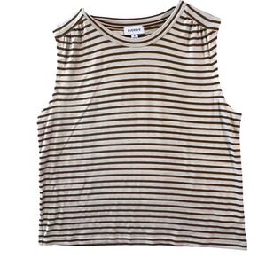 Evereve Gold & Cream Striped Sleeveless Tank Top Linen Blend Gathered Shoulder M